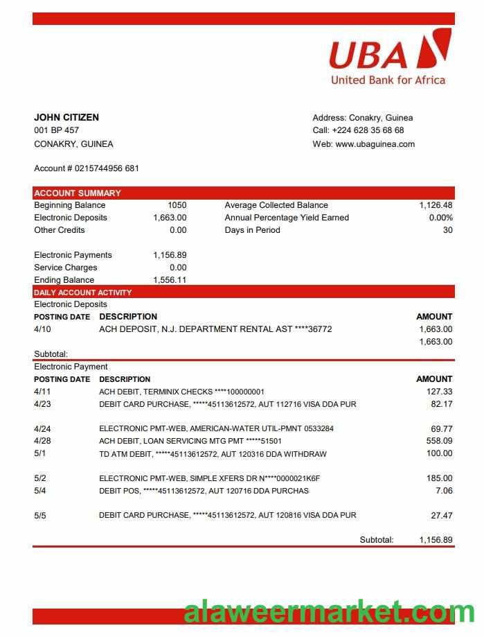 Guinea UBA Bank statement template in Excel and PDF format